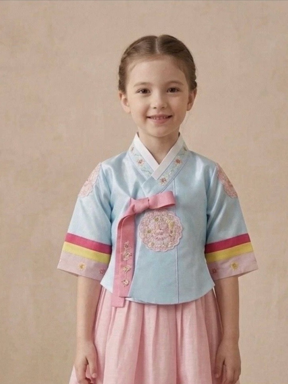 Girls Pastel Hanbok-Style Costume in Light Blue and Pink